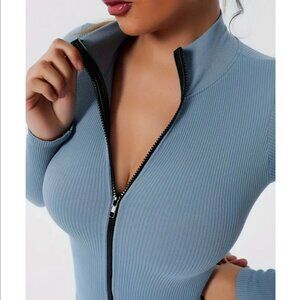 Callie Lives Baby Blue Ice Ribbed Compression Stretch Zip-Up Activewear SMALL